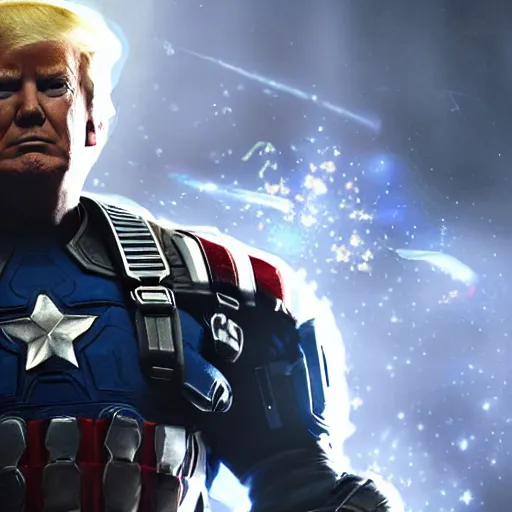 Image similar to portrait of donald trump as captain america in gears of war, splash art, maga, patriot, movie still, cinematic lighting, dramatic, glowing, ray tracing, octane render, long lens, shallow depth of field, bokeh, anamorphic lens flare, 8 k, hyper detailed, 3 5 mm film grain