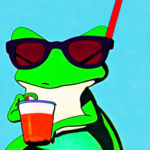 Image similar to studio ghibli frog sipping a hi - c juice box through a straw and wearing ray - ban wayfarers, ultra detail