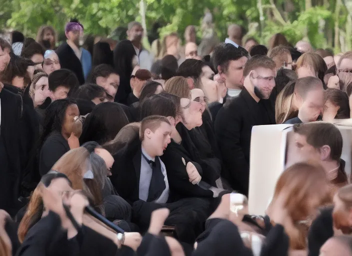 Prompt: Photo of Skrillex at a funeral performing on a coffin