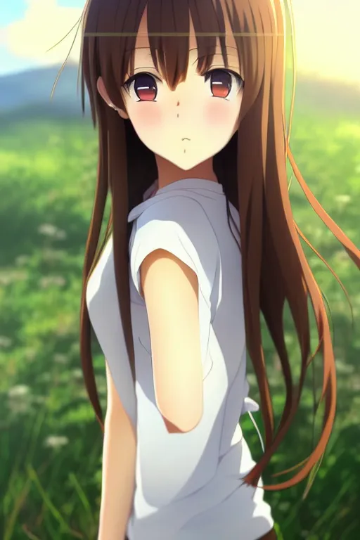 Prompt: anime art full body portrait character concept art, anime key visual of elegant young female, brown hair straight bangs and large eyes, finely detailed perfect face delicate features directed gaze, touching grass at sunset in a valley, trending on pixiv fanbox, studio ghibli, extremely high quality artwork