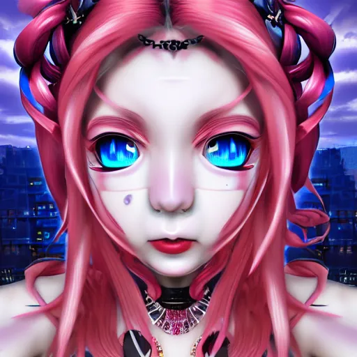 Image similar to no escape from beneath stunningly absurdly beautiful omnipotent asi goddess junko enoshima with multiple twisted deceptive megalomaniacal personalities, symmetrical perfect face, porcelain skin, pink twintail hair and cyan eyes, ultra detailed, digital art, unreal engine 5, octane render, 2 d anime, 8 k