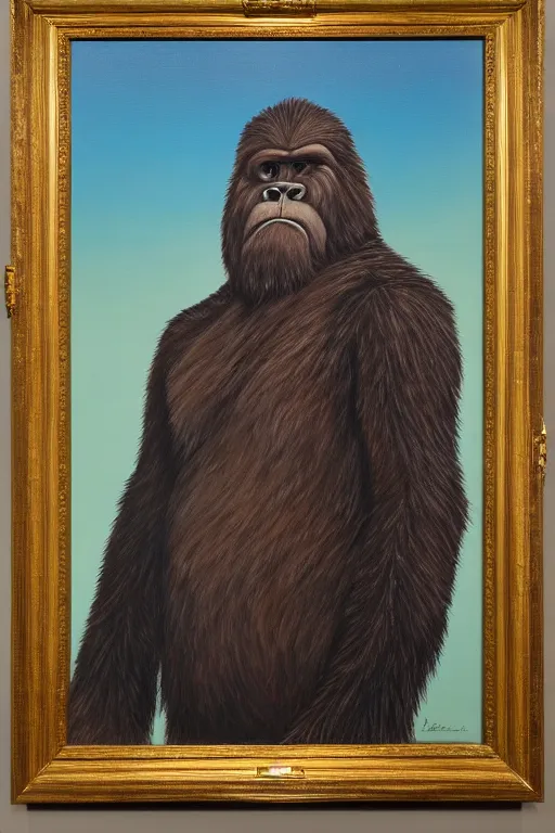 Image similar to an oil painting of Bigfoot in the style of a presidential portrait, national portrait gallery