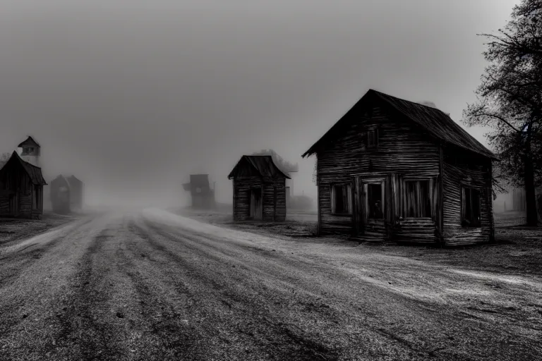 Image similar to Misty ghost town, with a dark shadow of ghosts