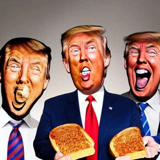 Image similar to 3 guys going crazy over a piece of toast with Donald trumps face,