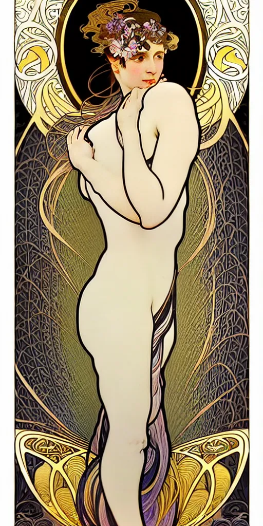 Image similar to the source of future growth dramatic, elaborate emotive Art Nouveau styles to emphasise beauty as a transcendental, seamless pattern, symmetrical, large motifs, hyper realistic, 8k image, 3D, supersharp, Flowing shiny rainbow silk cloth, Art nouveau curves and swirls, beautiful Adele by Alphonse Mucha, glossy iridescent and black and lustrous gold colors , perfect symmetry, iridescent, High Definition, sci-fi, Octane render in Maya and Houdini, light, shadows, reflections, photorealistic, masterpiece, smooth gradients, no blur, sharp focus, photorealistic, insanely detailed and intricate, cinematic lighting, Octane render, epic scene, 8K