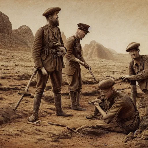 Image similar to ultra detailed photorealistic sepia - toned painting from 1 9 1 7, three british soldiers standing at an archaeological dig site in wadi rum, ultra realistic, painted, intricate details, lovecraft, atmospheric, dark, horror, brooding, highly detailed, by dave dorman