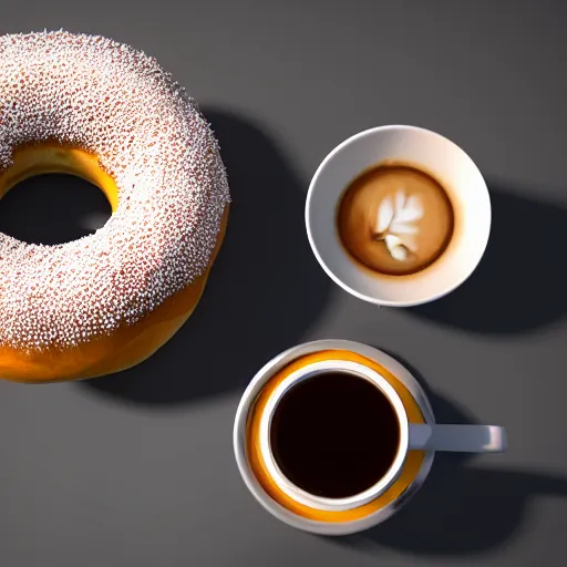 Prompt: A super detailed 3D render of a donut beside a hot cup of coffee, blender, unreal engine, trending on artstation