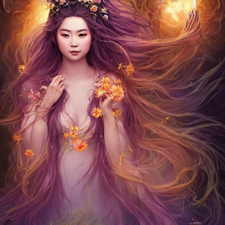 Prompt: beautiful cinematic fantasy poster, a beautiful vietnamese goddess wearing a long flowy ao yai with enbroidered flowers with flowing illuminated hair, beautiful glowing galaxy eyes, wideshot ultrawide angle epic scale, hybrid from The Elden Ring and art direction by Darius Zawadzki ;by artgerm; wayne reynolds art station; cinematic quality character render; low angle; ultra high quality model; production quality cinema model;