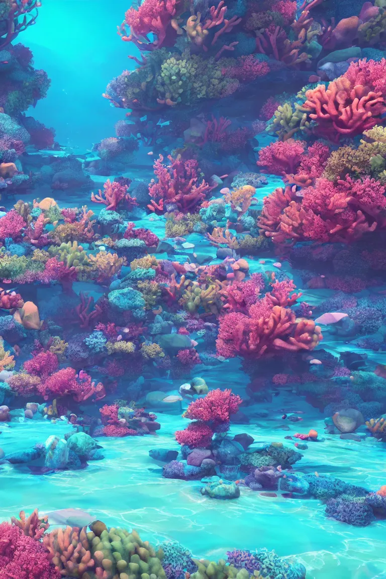 Prompt: mesmerizing underwater neon coral reef landscape magical realism painting with sun rays coming from above, neon pastel colors, octane render, maya, cinema 4d