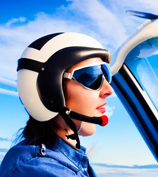 Image similar to a young woman, pilot helmet on, pilot a airplane, blue sky, composition