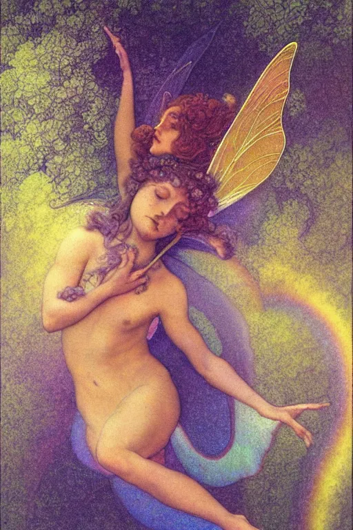 Image similar to a beautiful faerie, golden ratio, detailed, rainbowshift, by maxfield parrish and brian froud