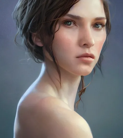 Image similar to portrait of a young woman, soft features, muscular, half body, cloth, hazel eyes, short brown hair, back light, d & d, fantasy, intricate, highly detailed, digital painting, artstation, concept art, smooth, sharp focus, illustration, art by artgerm and greg rutkowski and alphonse mucha