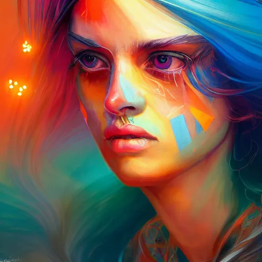 Image similar to colorful character portrait of a woman in a dark desert lit by the stars, wispy flowing hair, highly detailed face, very intricate, symmetrical, cinematic lighting, award - winning epic painting, painted by mandy jurgens, pan futurism, dystopian, bold colors, dark vibes, cyberpunk, groovy vibe, anime aesthetic, featured on artstation