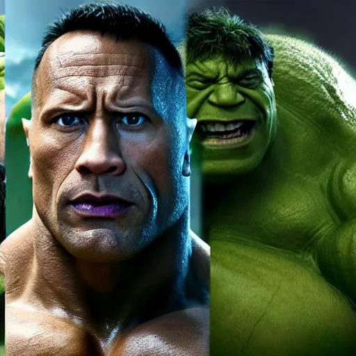 Image similar to dwayne johnson as incredible hulk, marvel cinematic universe, mcu, 8 k, raw, unedited, green skin, symmetrical balance, in - frame,