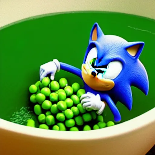 Prompt: sonic the hedgehog in a bath full of peas