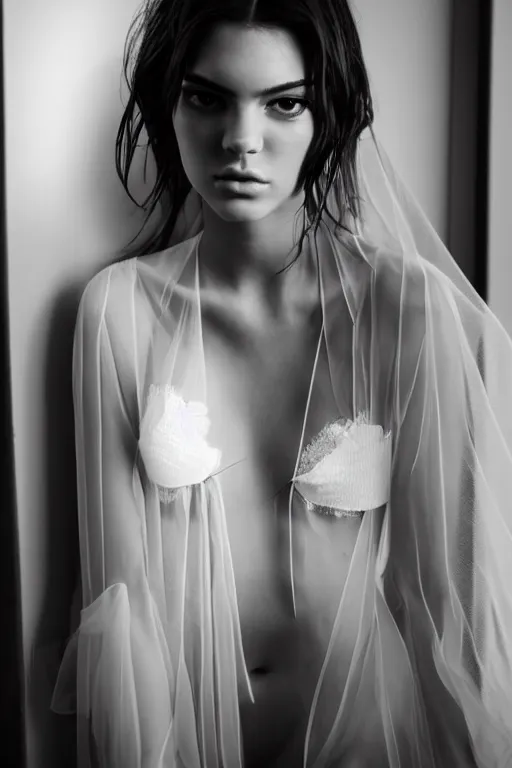 Image similar to emotionnal shot. fragile shy woman looking like Kendall Jenner with sheer dress with plunging neckline and lace sleeves. award-winning fashion photography. intimate and vulnerable lighting. 130mm bw fashion photography .