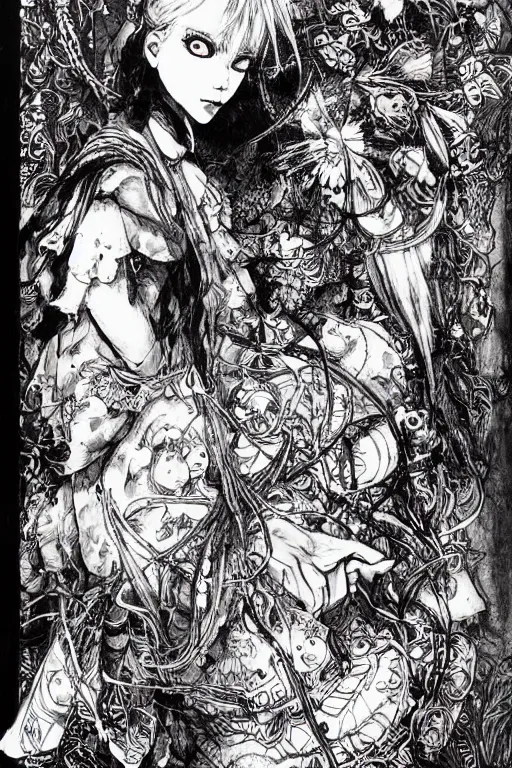 Prompt: Emo Alice in wonderland tarot card , pen and ink, intricate line drawings, by Yoshitaka Amano, Ruan Jia, Kentaro Miura, Artgerm, watercolor