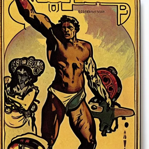 Prompt: muscular human barbarian on mars, standing on boulder, science fiction pulp illustration, Alphonse Mucha