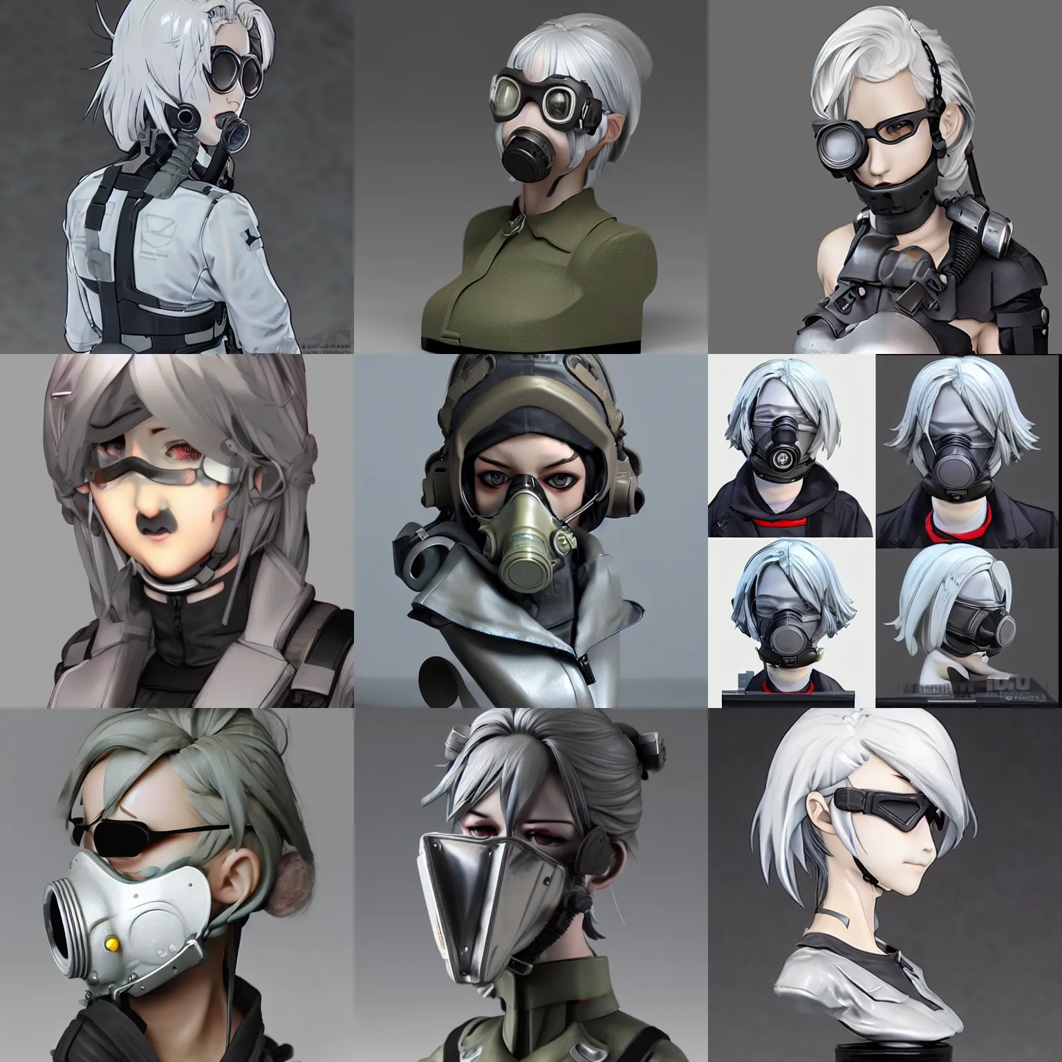 Prompt: girl silver hair, multicam, gas mask, illustration by Yoji Shinkawa and Krenz Cushart, cinematic bust shot
