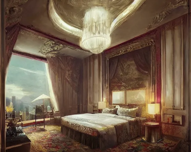 Image similar to a luxury hotel! suite room in the style of imperial! china, art by greg rutkowski and artgerma, stunning! concept art, interior! design