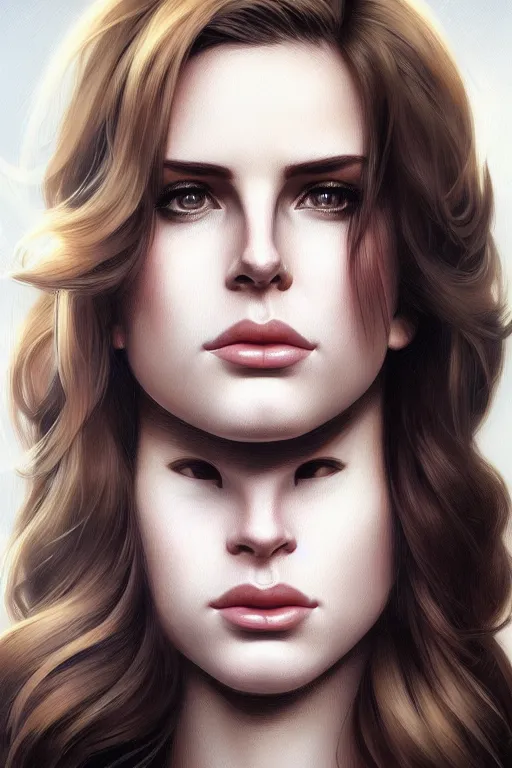 Image similar to photorealistic portrait of a young butch lana del rey, handsome, female, masculine, upper body, fantasy, fierce, sharp features, intricate, elegant, highly detailed, digital painting, artstation, concept art, matte, sharp focus, illustration, art by artgerm and greg rutkowski and alphonse mucha