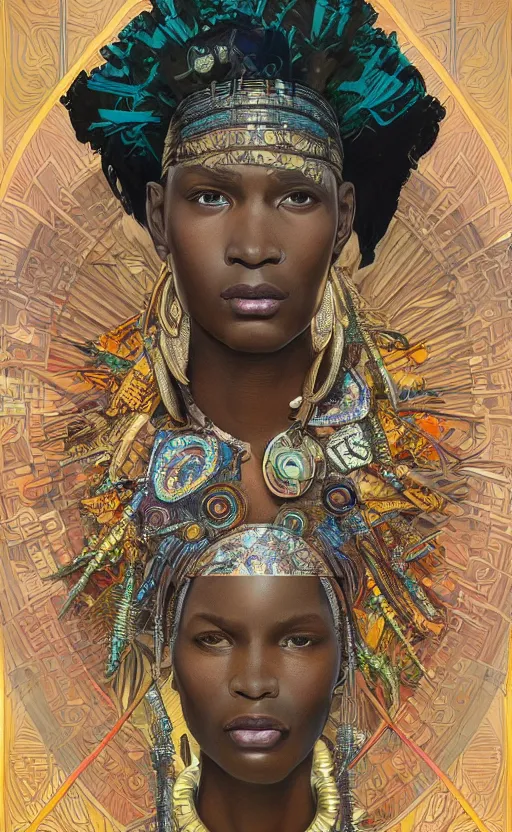 Image similar to upper half portrait of retro futuristic african tribal chief - embellished with vegetation and iridescent crystals art by joseph christian leyendecker, design blocking by alphonso mucha and drew struzan, highly detailed, digital painting, airbrush, concept art, illustration, smooth sharp focus, intricate, symmetry,