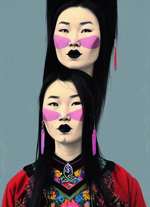 Image similar to portrait of a mongolian woman with a crooked nose and a confident expression, 1 9 6 0 s, black clothes, goth, punk, brightly coloured hair, funk, intricate, elegant, highly detailed, digital painting, artstation, concept art, smooth, sharp focus, illustration, art by wlop, mars ravelo and greg rutkowski