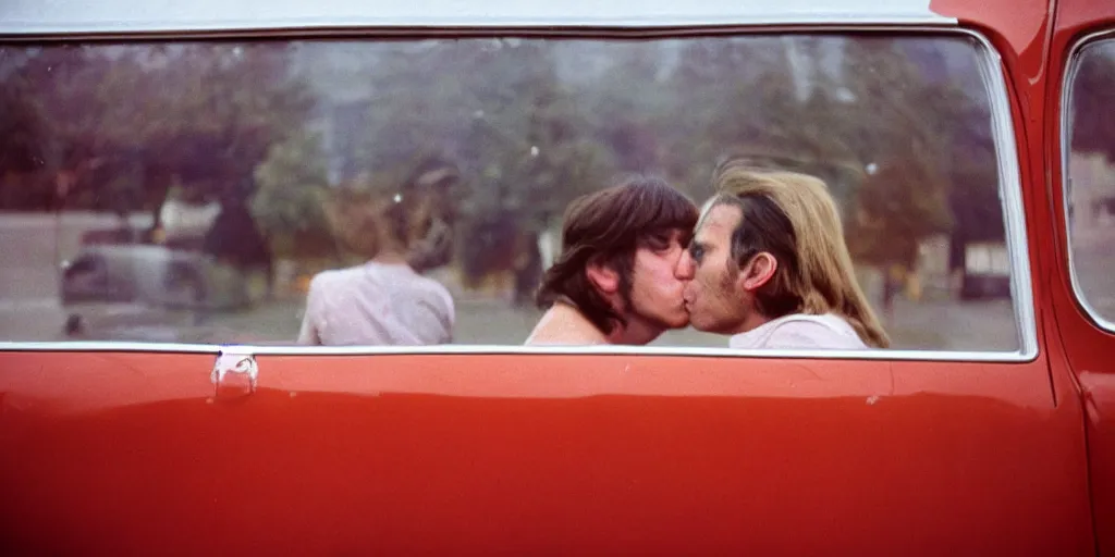 Image similar to 1 9 7 0 s car window closeup, young man and woman kissing in the back seat, coloured film photography, elliott erwitt photography