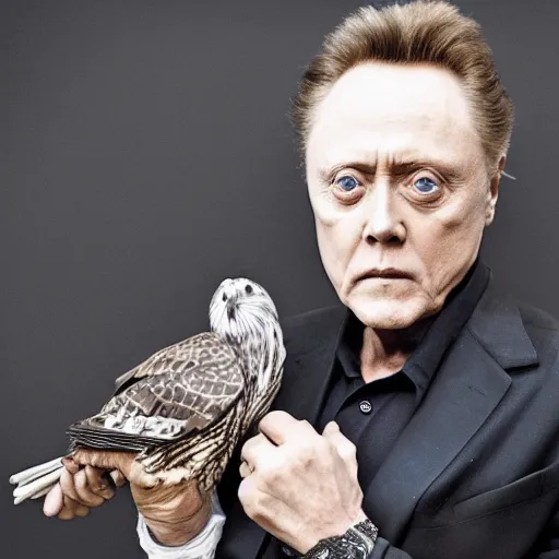 Image similar to christopher walken with a falcon on his arm, hyper realism, 5 0 mm, photo