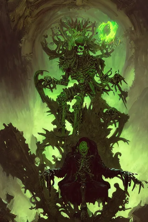 Image similar to osarion the skeleton king, sitting upon his evil green spirit throne, laughing, graveyard, portrait dnd, painting by gaston bussiere, craig mullins, greg rutkowski, yoji shinkawa