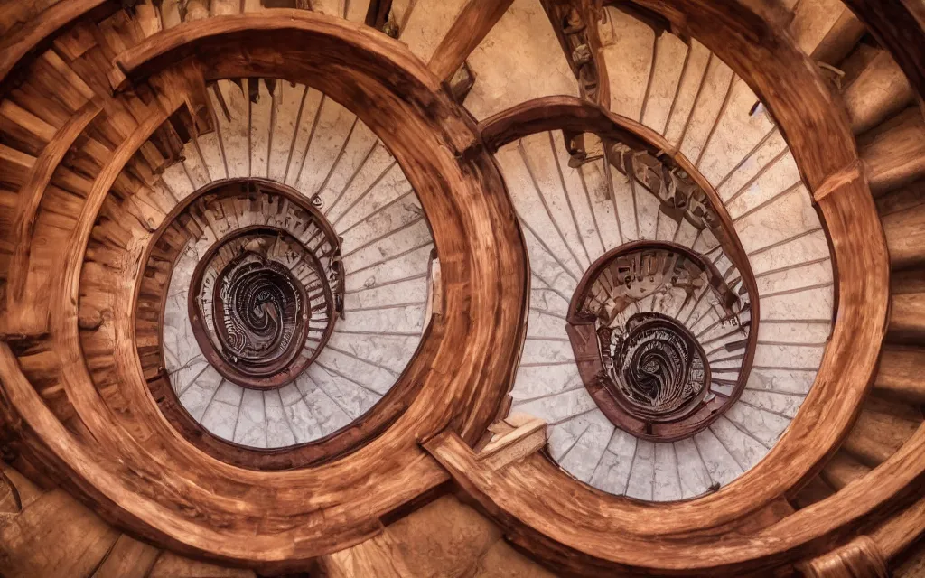 Prompt: 3d rendering of looking directly down a spiral staircase from above with maroon carpet and a wooden handrail, hd, hdr, cinematic 8k, ultra detailed, high resolution