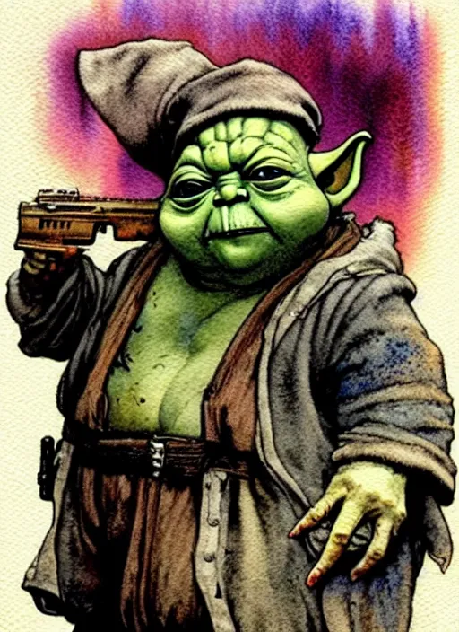 Image similar to a realistic and atmospheric watercolour fantasy character concept art portrait of a fat sleazy homeless chibi yoda wearing a wife beater and holding a handgun, by rebecca guay, michael kaluta, charles vess and jean moebius giraud