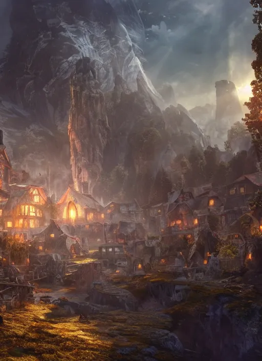 Image similar to peacefull village full of people, ultra detailed fantasy, elden ring, realistic, dnd, rpg, lotr game design fanart by concept art, behance hd, artstation, deviantart, global illumination radiating a glowing aura global illumination ray tracing hdr render in unreal engine 5