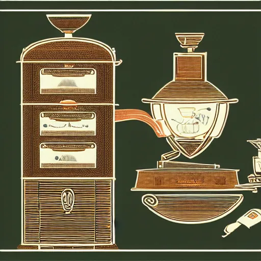 Prompt: a detailed diagram of an Italian biletti coffee maker macchinetta in Japanese illustration style, extreme detail