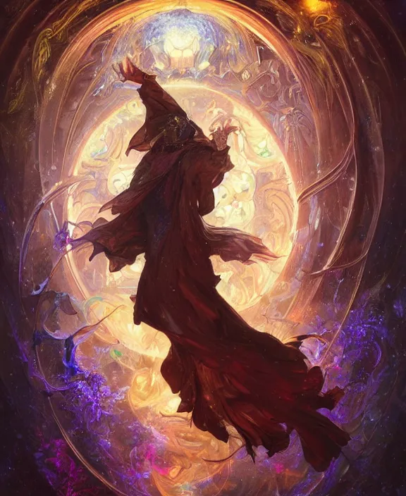 Prompt: a trading - card of a wizard surrounded by a whirlwind of magical particles ushing inside the metaverse, half body, fantasy, intricate, elegant, highly detailed, colorful, vivid color, digital painting, artstation, concept art, art by artgerm and greg rutkowski and alphonse mucha and ruan jia