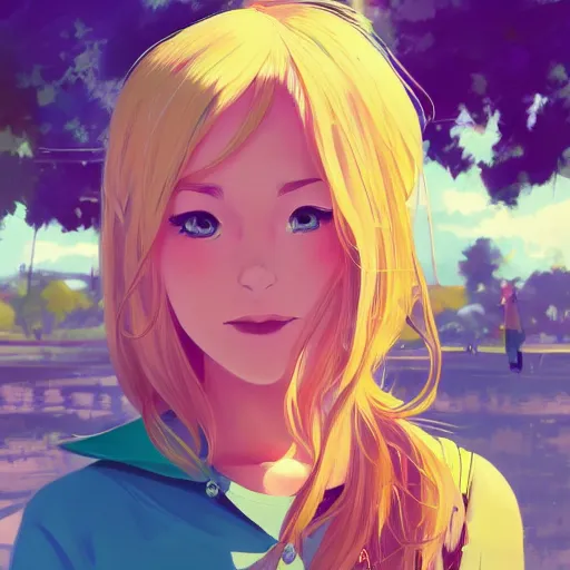 Image similar to portrait of a beautiful girl with blonde hair dressed in 1960's hippie fashion, park background, rich vivid colors, ambient lighting, dynamic lighting, 4k, HQ, official media, anime key visual, makoto shinkai, ilya kuvshinov, lois van baarle, rossdraws, detailed, trending on artstation