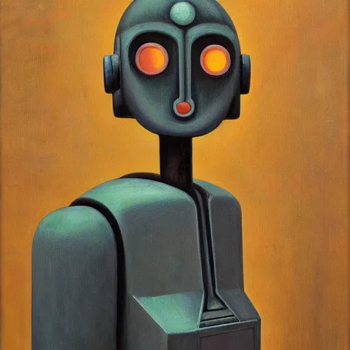 Image similar to brutalist robot with kind eyes portrait, lowbrow, pj crook, grant wood, edward hopper, oil on canvas