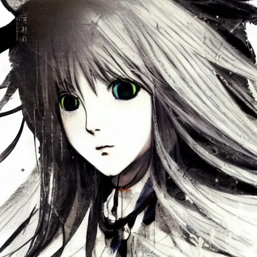 Image similar to yoshitaka amano blurred and dreamy illustration of an anime girl with black eyes, wavy white hair fluttering in the wind wearing elden ring armor with engraving, abstract black and white patterns on the background, noisy film grain effect, highly detailed, renaissance oil painting, weird portrait angle, blurred lost edges, three quarter view, hyper light drifter color palette