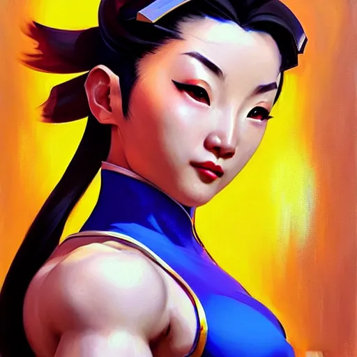 Image similar to Greg Manchess portrait painting of Chun-Li as Overwatch character, medium shot, asymmetrical, profile picture, Organic Painting, sunny day, Matte Painting, bold shapes, hard edges, street art, trending on artstation, by Huang Guangjian and Gil Elvgren and Sachin Teng