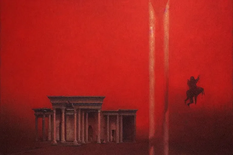 Image similar to only with red, caesar after war, the great deal, a red tiger, in hoc signo vinces, rome in background, an ancient path, in the style of beksinski, part by hopper, part by rodcenko, part by hofbauer, intricate composition, red by caravaggio, insanely quality, highly detailed, masterpiece, red light, artstation