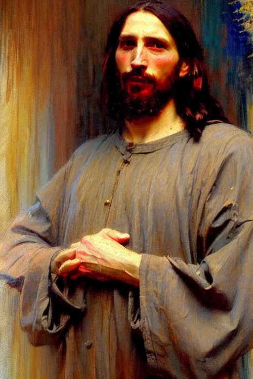 Image similar to impressionist brushstrokes!!!!!!!!! solomon joseph solomon and richard schmid and jeremy lipking victorian loose genre loose painting full length portrait painting of jesus with a slight smile happy inviting