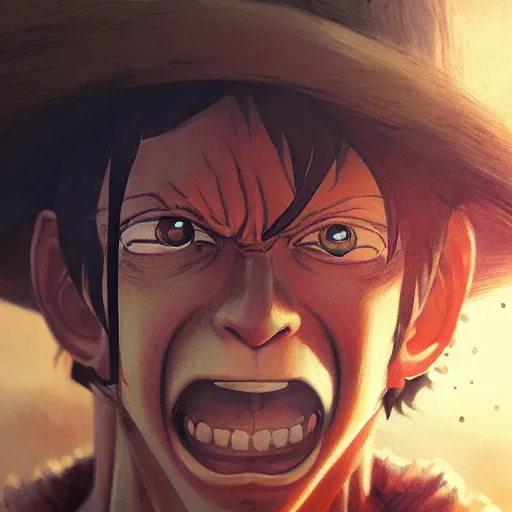 Image similar to closeup portrait of monkey d luffy, realistic portrait, dramatic lighting, trending on artstation, high detail, by greg rutkowski