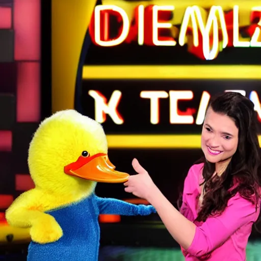 Prompt: ! dream tv show contestant winning a duck on tv show wheel or no wheel