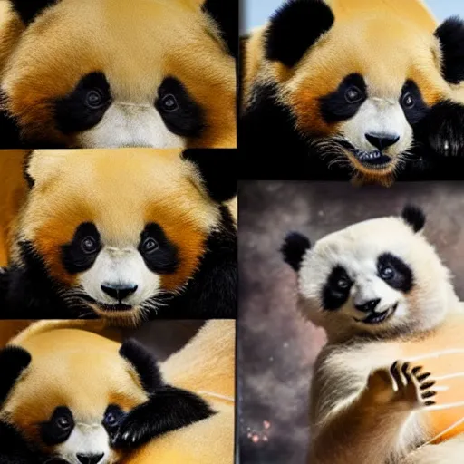 golden skinned panda giving birth to the universe! | Stable Diffusion