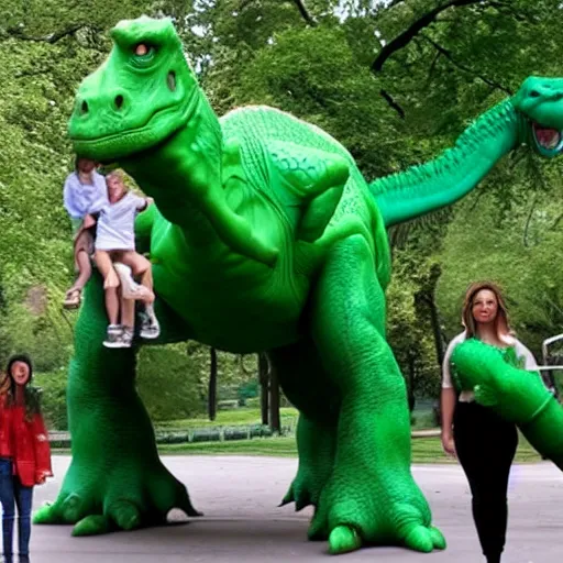 Image similar to The one where Ross leaves Rachel and gets out with a big green dinosaur in Central Park