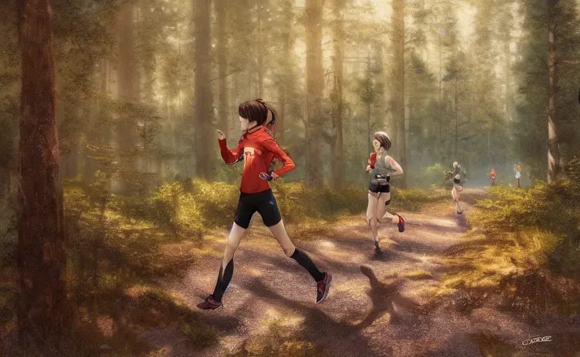 Prompt: a girl is running, red sport clothing, marathon in forest, anime style, brown short hair, hair down, symmetrical facial features, from arknights, hyper realistic, rule of thirds, extreme detail, detailed 4 k drawing, safebooru, realistic lighting, by alphonse mucha, greg rutkowski, backlit