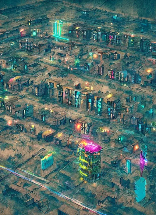 Prompt: abandoned cyberpunk village on a mountain, bird eye view, neon colors artwork by beeple