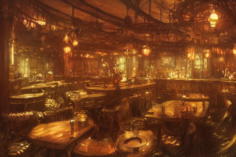 Image similar to busy fantasy tavern interior, intricate, elegant, highly detailed, john howe, john park, sparth, ruan jia, jeffrey catherine jones