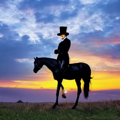 Prompt: a horse with a top hat on standing infront of a sunset