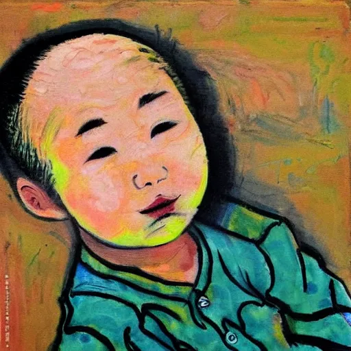 Prompt: bald chinese boy, expressionism painting art